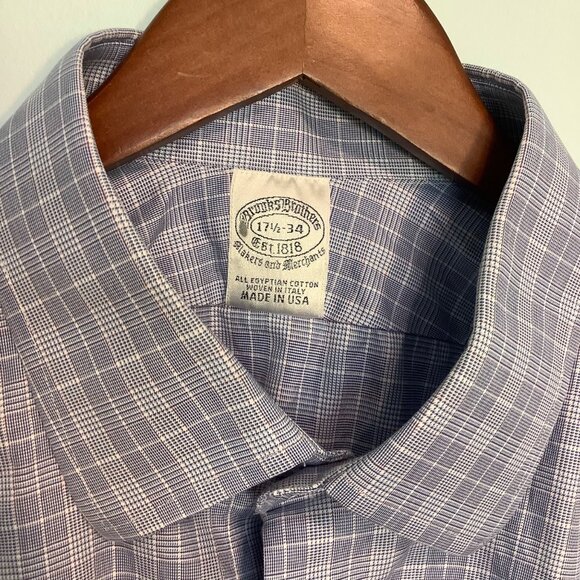 Brooks Brothers Men’s Button Down Shirt 17 1/2-34 Blue/White Plaid Egyptian Cott - Picture 1 of 8